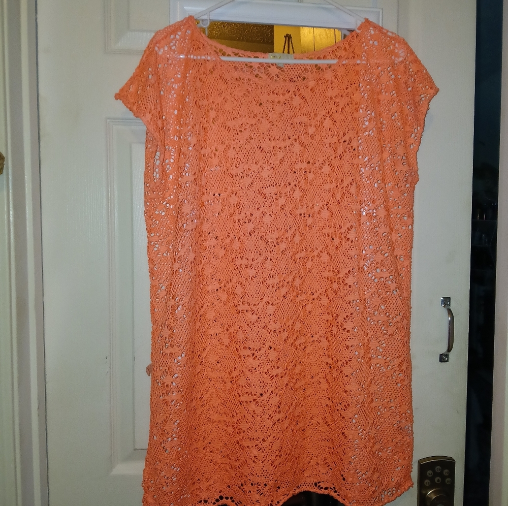 NWOT Coral Orange Lace Women's Swim Cover Up, LARGE